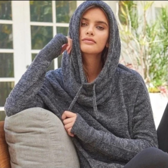 Barefoot Dreams CozyChic Lite Pebble Beach Pullover Hoodie Heathered Gray Medium - Picture 8 of 8